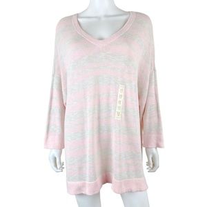 NWT Sonoma Drop Shoulder Pink Beige Striped V Neck Sweater Pullover